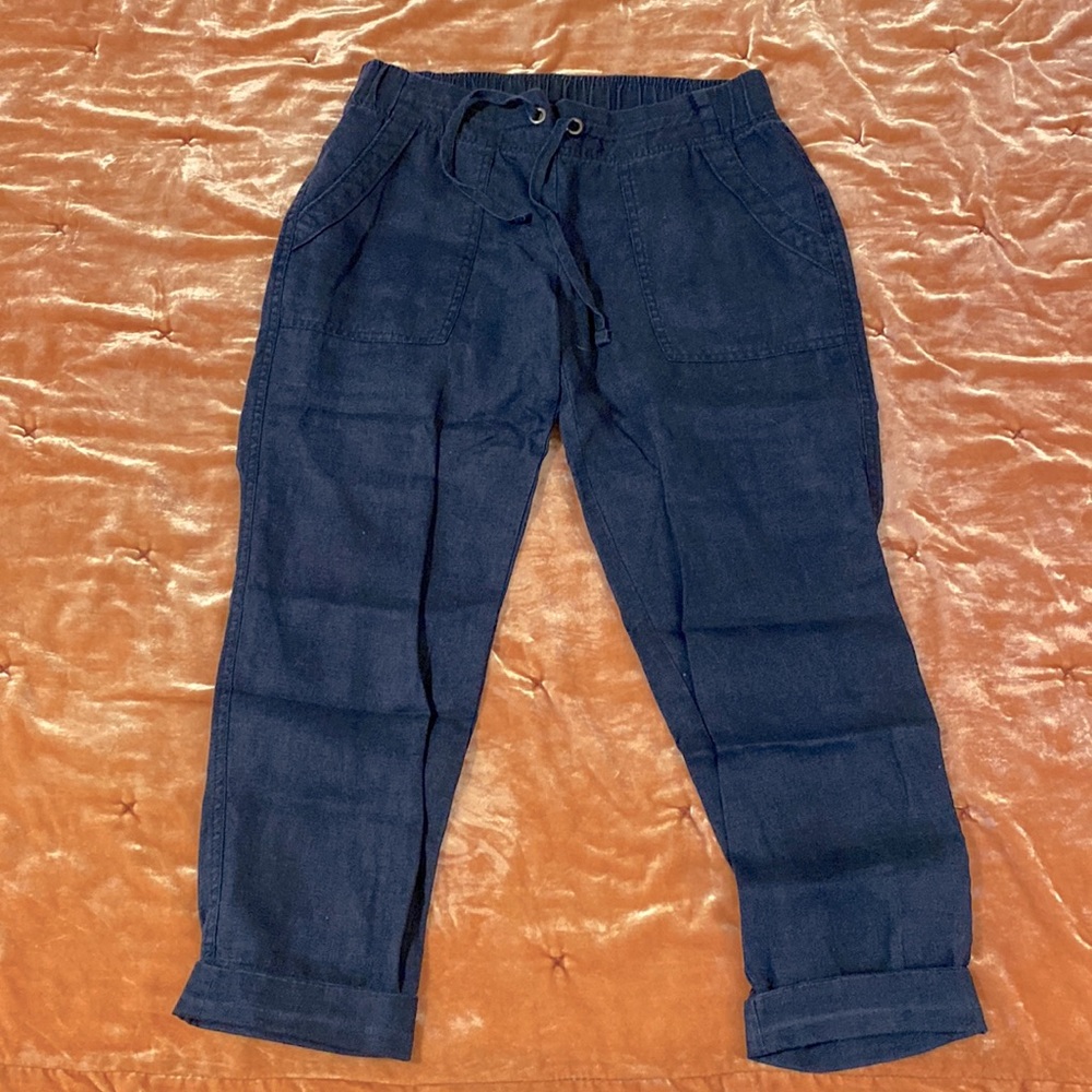 Athleta size 4 navy linen fatigue drawstring tapered pants.